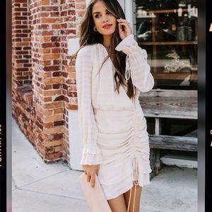 Ivory ruched long sleeve mini dress